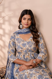 Thumbnail for Women Off White Floral Printed Anarkali Kurta And Trouser With Dupatta - Rasiya
