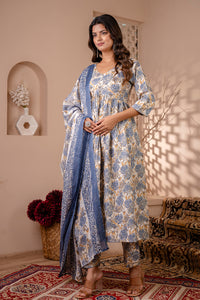 Thumbnail for Women Off White Floral Printed Anarkali Kurta And Trouser With Dupatta - Rasiya