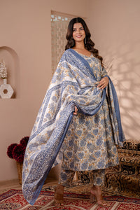 Thumbnail for Women Off White Floral Printed Anarkali Kurta And Trouser With Dupatta - Rasiya