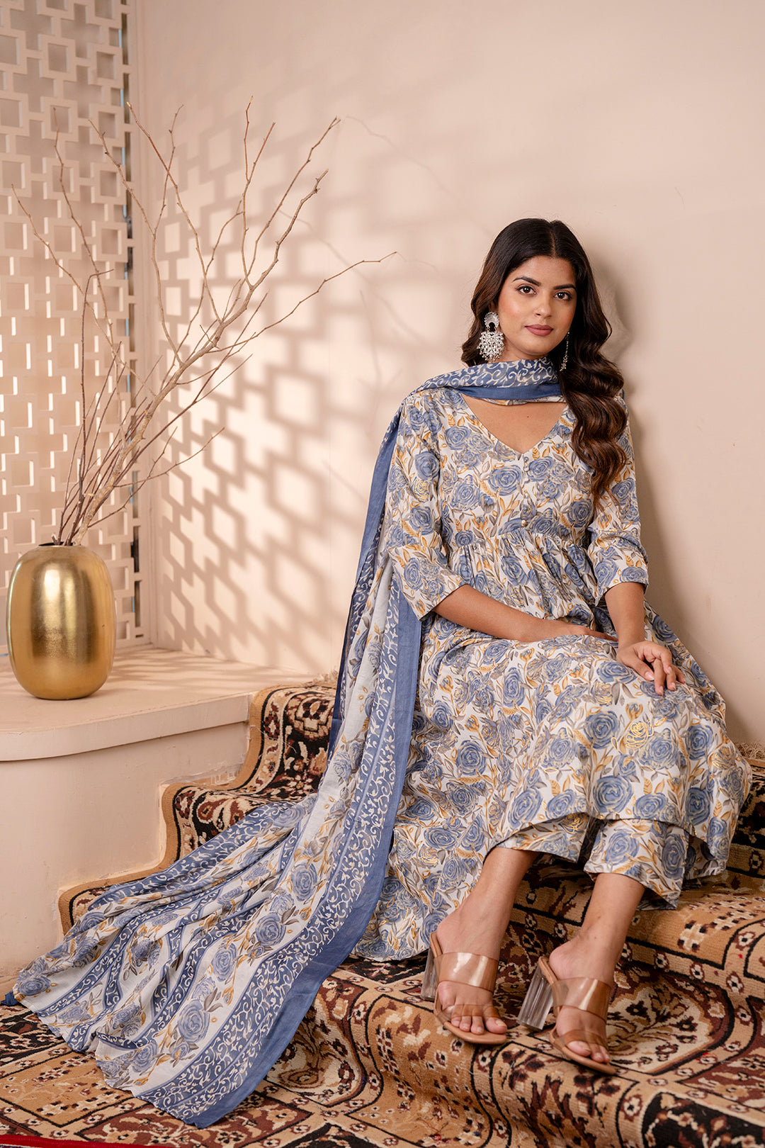 Women Off White Floral Printed Anarkali Kurta And Trouser With Dupatta - Rasiya