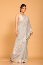 Thumbnail for Morchari Cotton Supernet Embroiedery Saree - Grey - Distacart