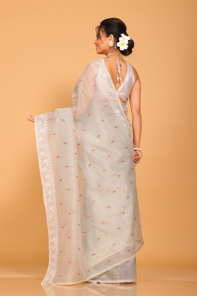 Morchari Cotton Supernet Embroiedery Saree - Grey - Distacart