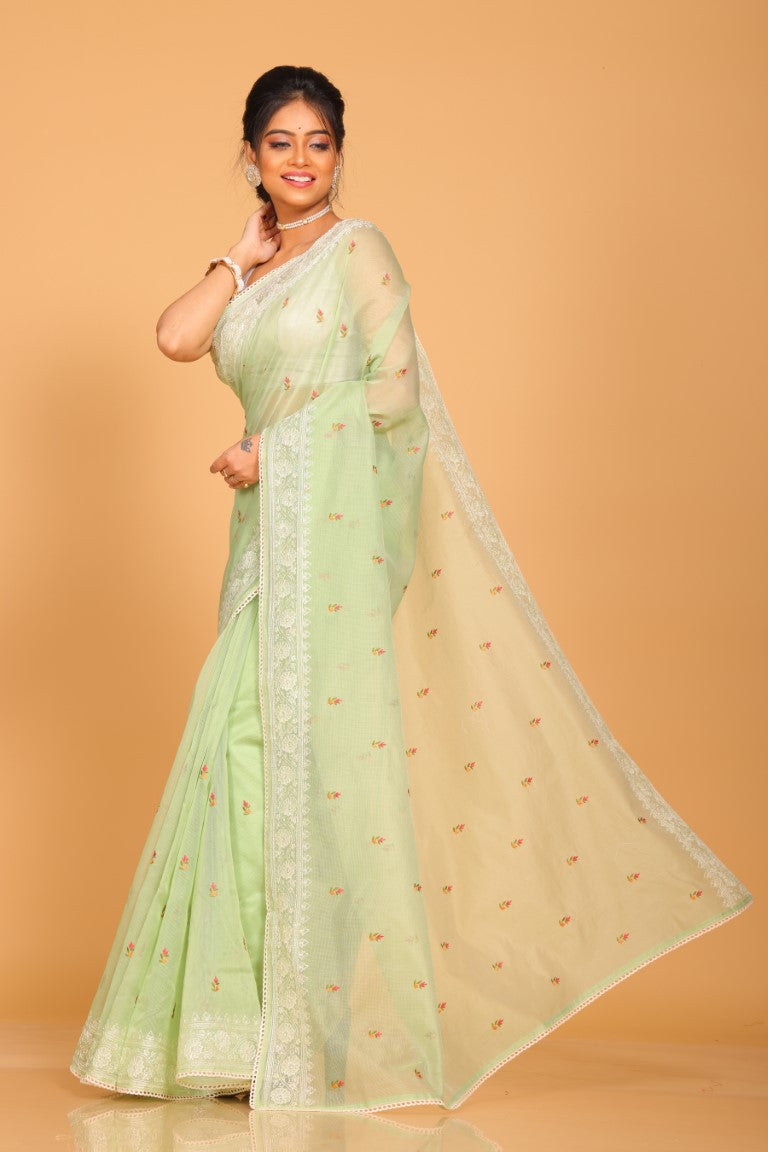 Morchari Cotton Supernet Embroiedery Saree - Green - Distacart