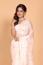 Thumbnail for Morchari Cotton Supernet Embroiedery Saree - Light Peach - Distacart