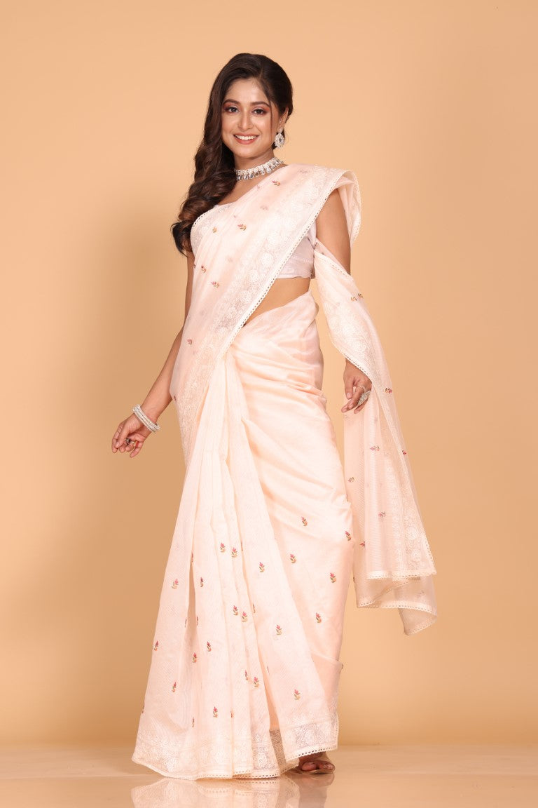 Morchari Cotton Supernet Embroiedery Saree - Light Peach - Distacart