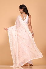 Thumbnail for Morchari Cotton Supernet Embroiedery Saree - Light Peach - Distacart