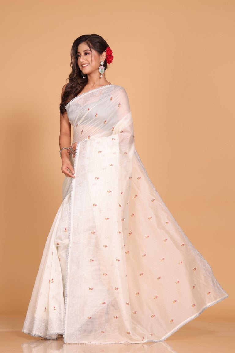Morchari Cotton Supernet Embroiedery Saree - Off White - Distacart