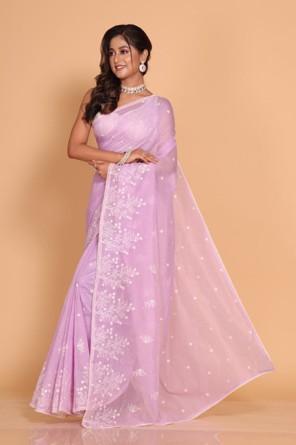 Morchari Cotton Supernet Embroiedery Saree - Purple - Distacart