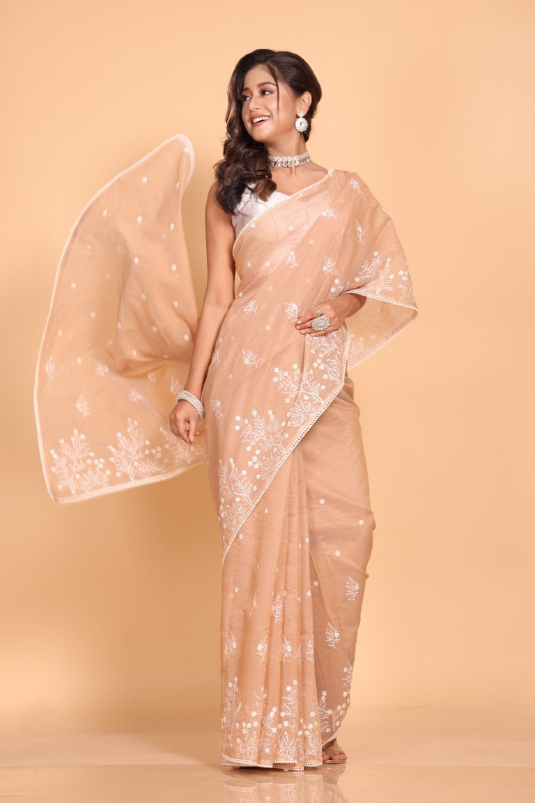 Morchari Cotton Supernet Embroiedery Saree - Brown - Distacart