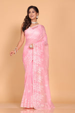 Thumbnail for Morchari Cotton Supernet Embroiedery Saree - Pink - Distacart
