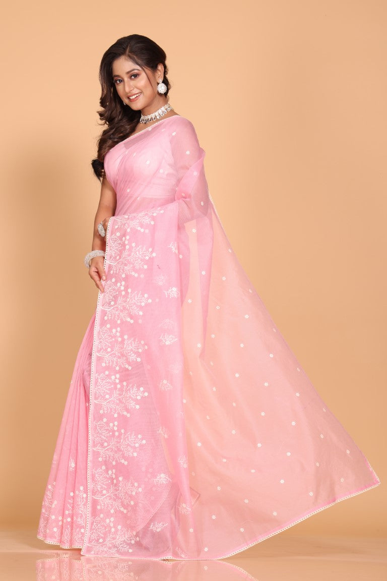 Morchari Cotton Supernet Embroiedery Saree - Pink - Distacart