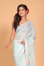Thumbnail for Morchari Cotton Kota Stripe Embroidery Saree - Sea Green - Distacart
