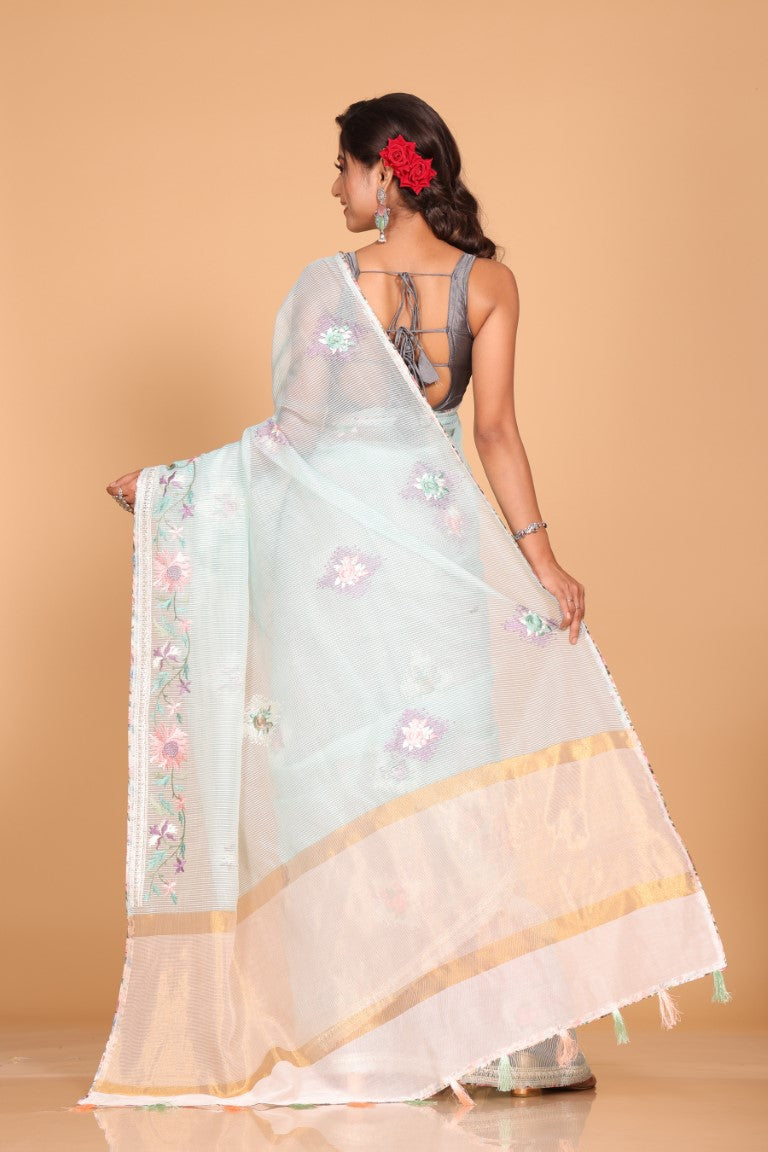 Morchari Cotton Kota Stripe Embroidery Saree - Sea Green - Distacart