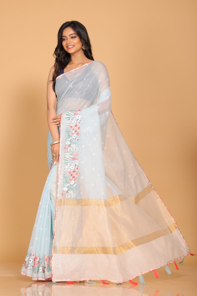Morchari Cotton Kota Stripe Embroidery Saree - Sky Blue - Distacart