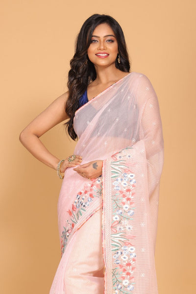 Morchari Cotton Kota Stripe Embroidery Saree - Pink - Distacart