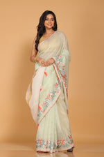 Thumbnail for Morchari Cotton Kota Stripe Embroidery Saree - Sea Green - Distacart