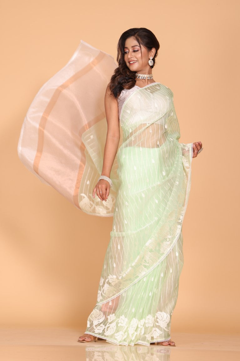 Morchari Orzanga Stripe Embroidery Saree - Green - Distacart