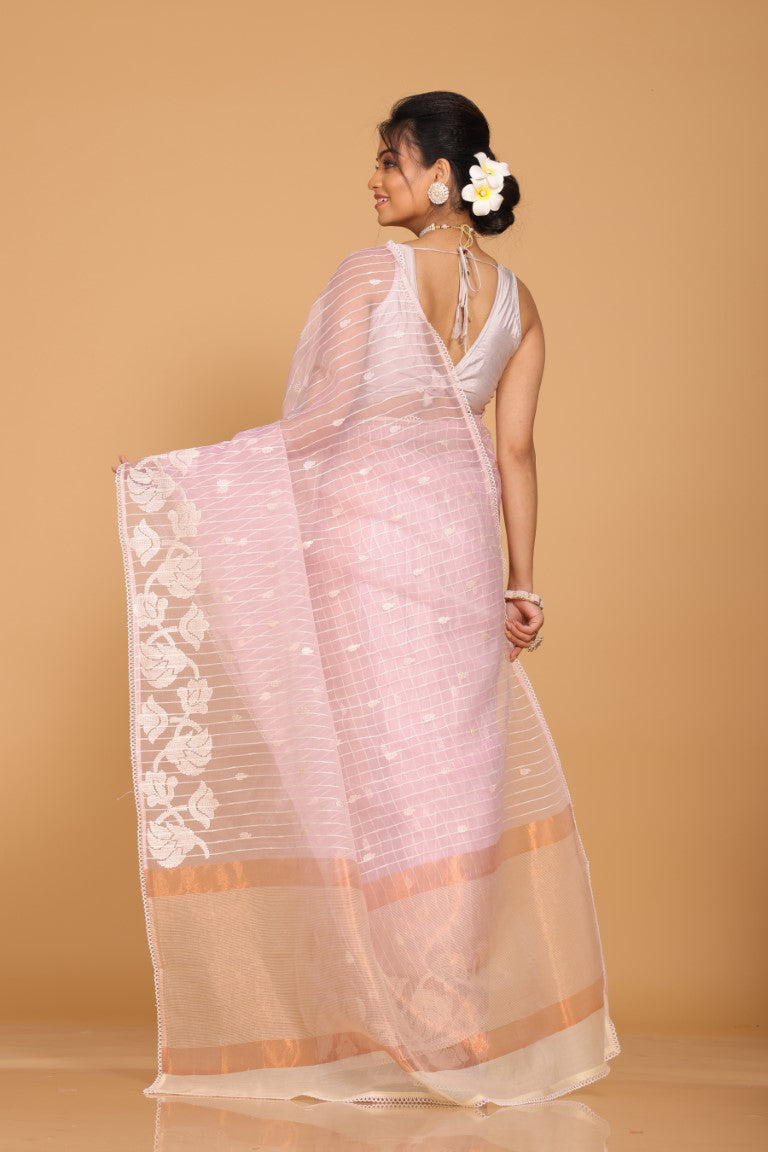 Morchari Orzanga Stripe Embroidery Saree - Light Pink - Distacart