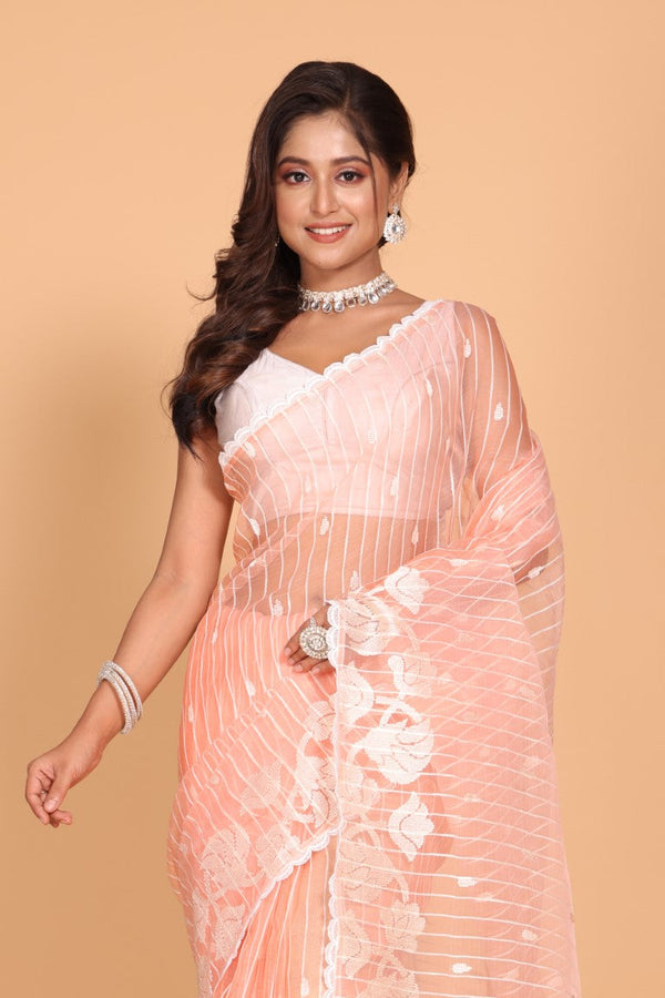 Morchari Orzanga Stripe Embroidery Saree - Peach - Distacart