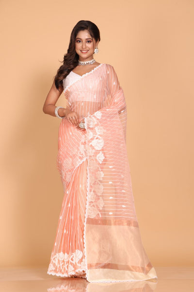 Morchari Orzanga Stripe Embroidery Saree - Peach - Distacart