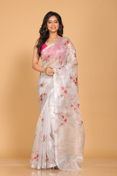 Morchari Kota Silver Zari Tissue Embroidery Saree - Sliver - Distacart