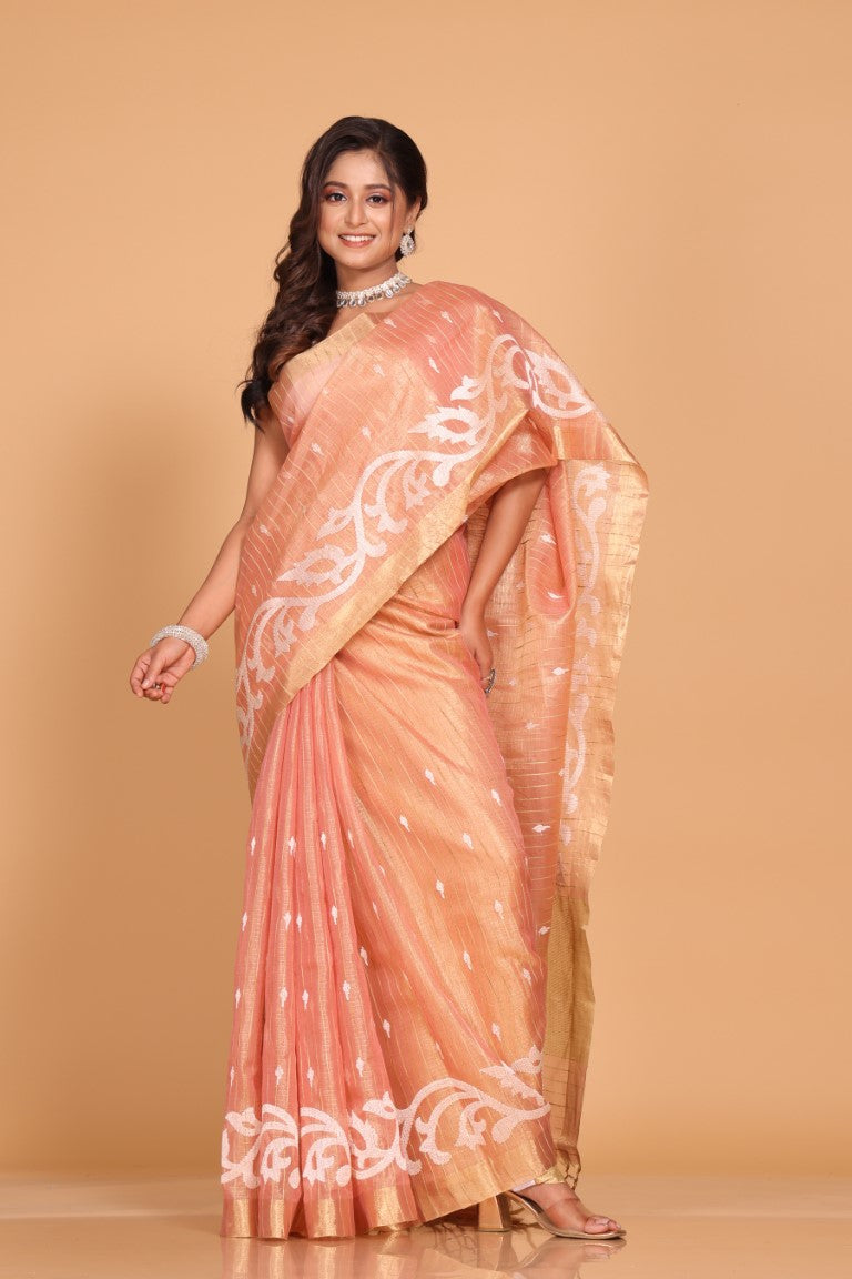Morchari Kota Zari Stripe Embroidery Saree - Pink - Distacart