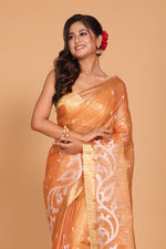 Thumbnail for Morchari Kota Zari Stripe Embroidery Saree - Orange - Distacart
