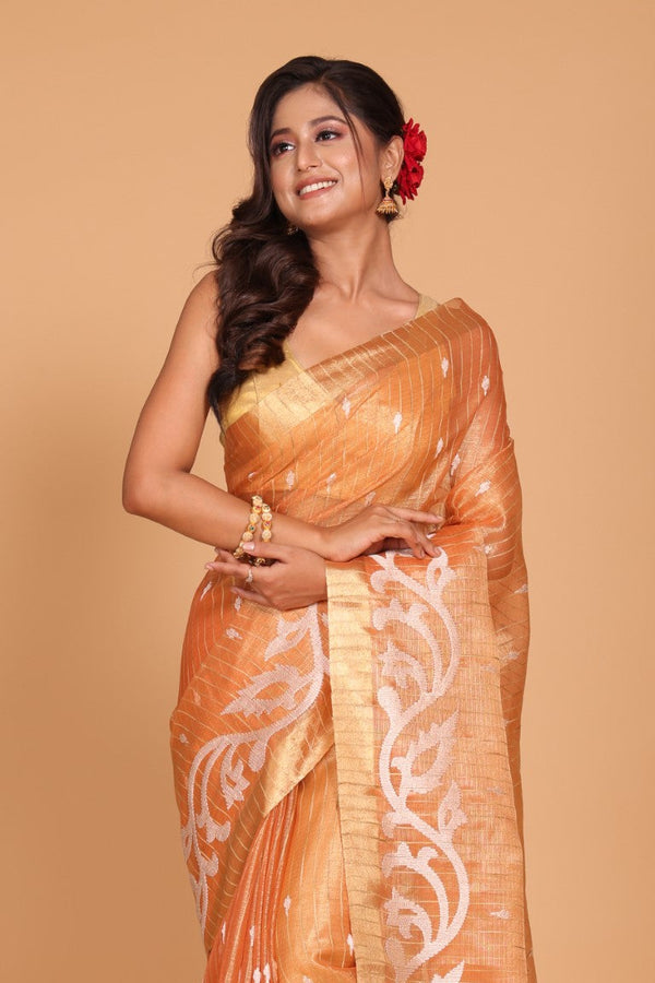 Morchari Kota Zari Stripe Embroidery Saree - Orange - Distacart
