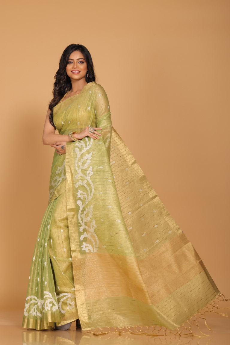 Morchari Kota Zari Stripe Embroidery Saree - Green - Distacart