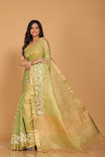 Thumbnail for Morchari Kota Zari Stripe Embroidery Saree - Green - Distacart