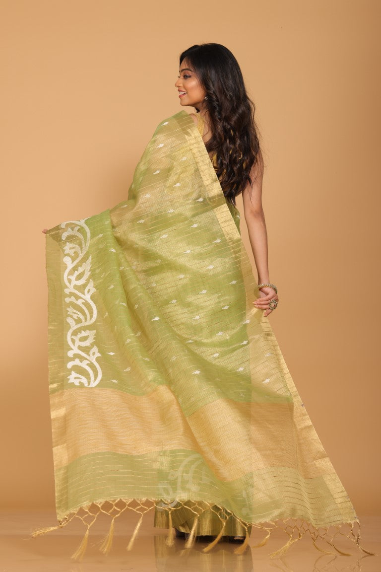Morchari Kota Zari Stripe Embroidery Saree - Green - Distacart