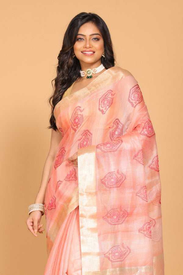 Morchari Kota Tissue Zari Embroidery Saree - Red - Distacart