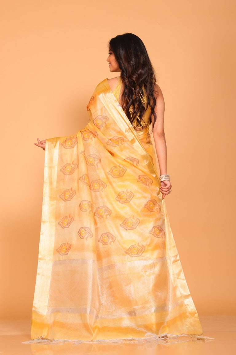 Morchari Kota Tissue Zari Embroidery Saree - Yellow - Distacart