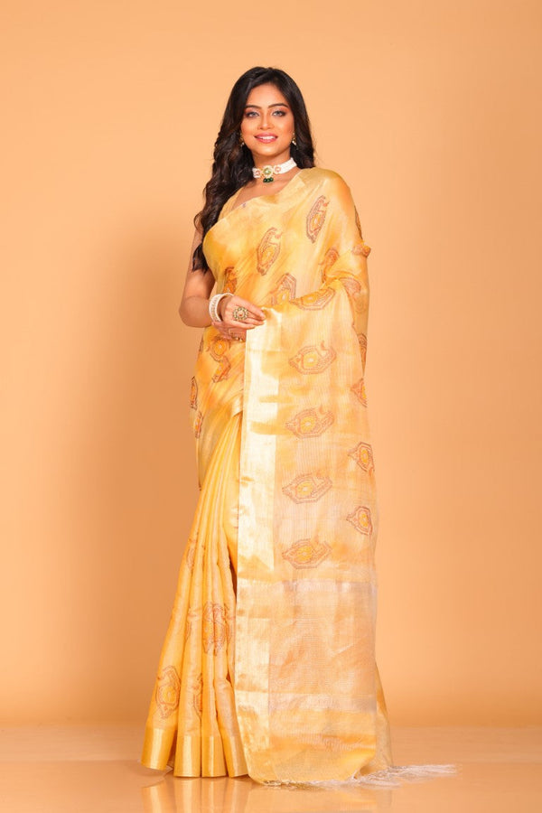 Morchari Kota Tissue Zari Embroidery Saree - Yellow - Distacart