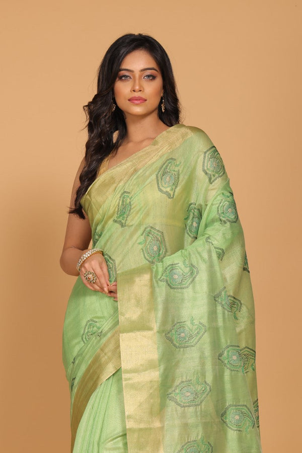 Morchari Kota Tissue Zari Embroidery Saree - Green - Distacart