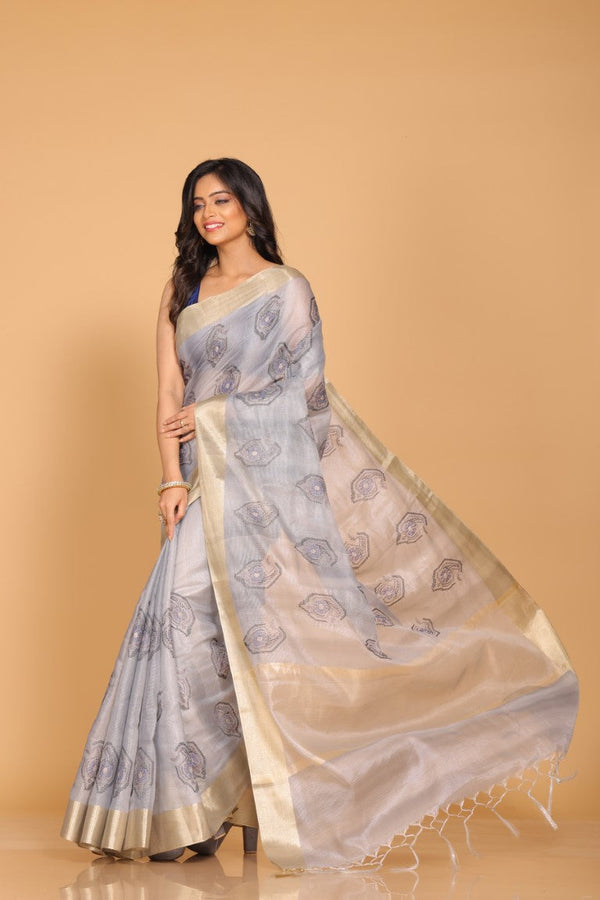 Morchari Kota Tissue Zari Embroidery Saree - Grey - Distacart