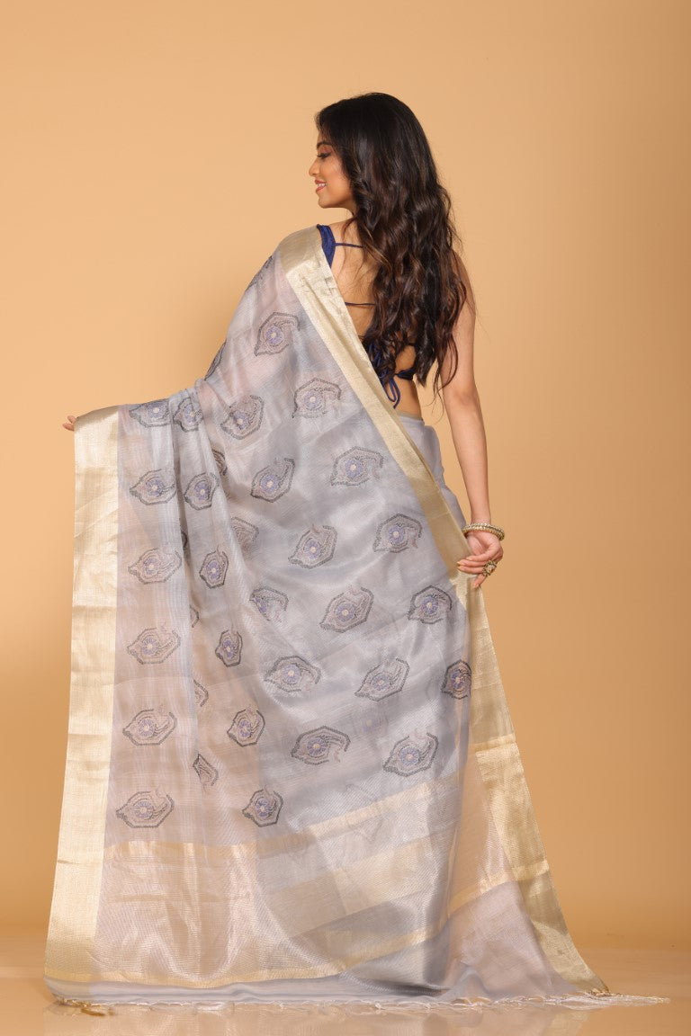 Morchari Kota Tissue Zari Embroidery Saree - Grey - Distacart