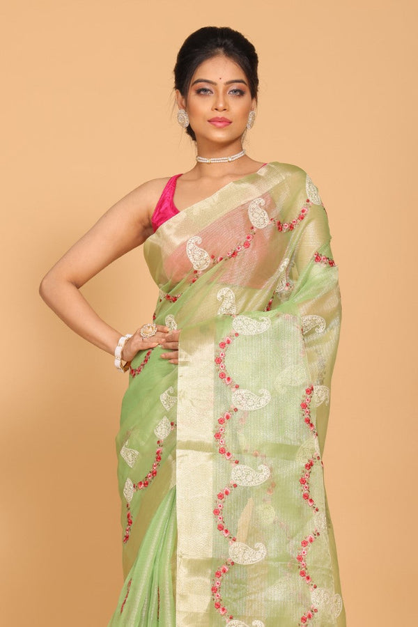 Morchari Kota Zari Embroidery Saree - Green - Distacart