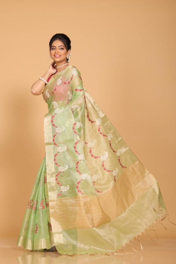Morchari Kota Zari Embroidery Saree - Green - Distacart