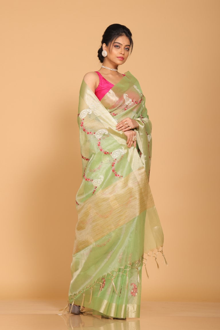 Morchari Kota Zari Embroidery Saree - Green - Distacart