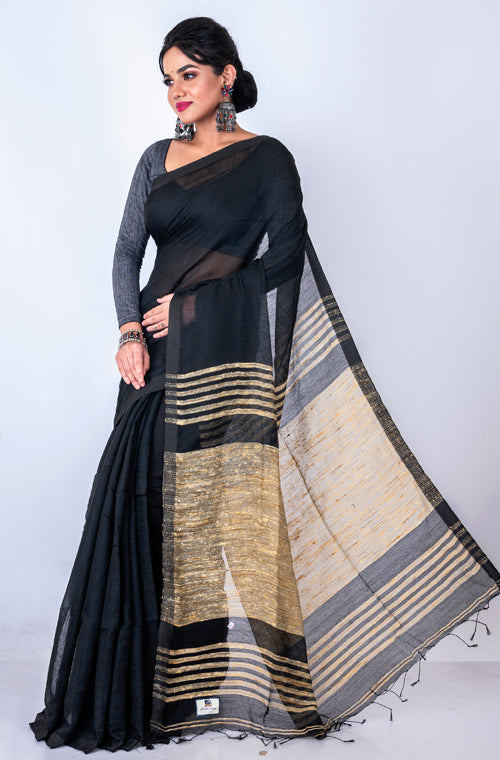 Morchari Bengal Jute Handloom Saree - Black - Distacart