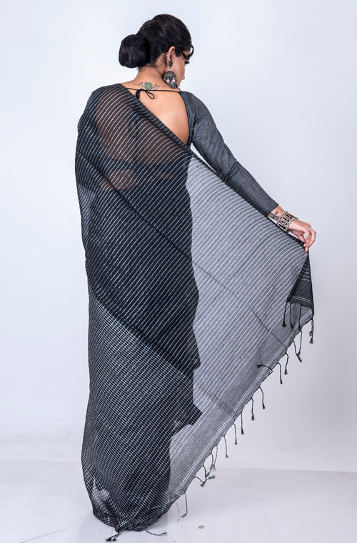 Morchari Bengal Handloom Cotton Zari Check Saree - Black - Distacart