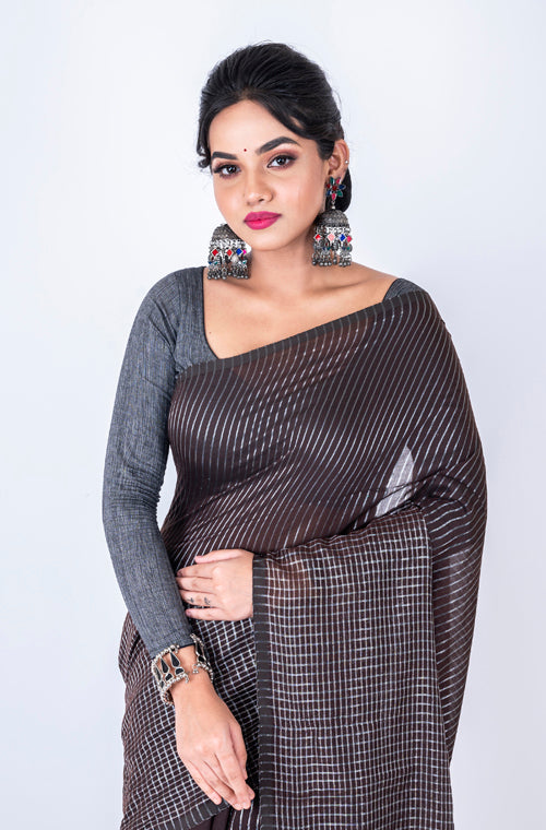 Morchari Bengal Handloom Cotton Zari Check Saree - Brown - Distacart