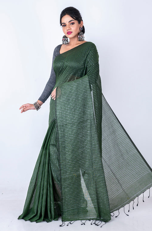 Morchari Bengal Handloom Cotton Zari Check Saree - Green - Distacart