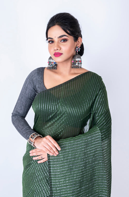 Morchari Bengal Handloom Cotton Zari Check Saree - Green - Distacart