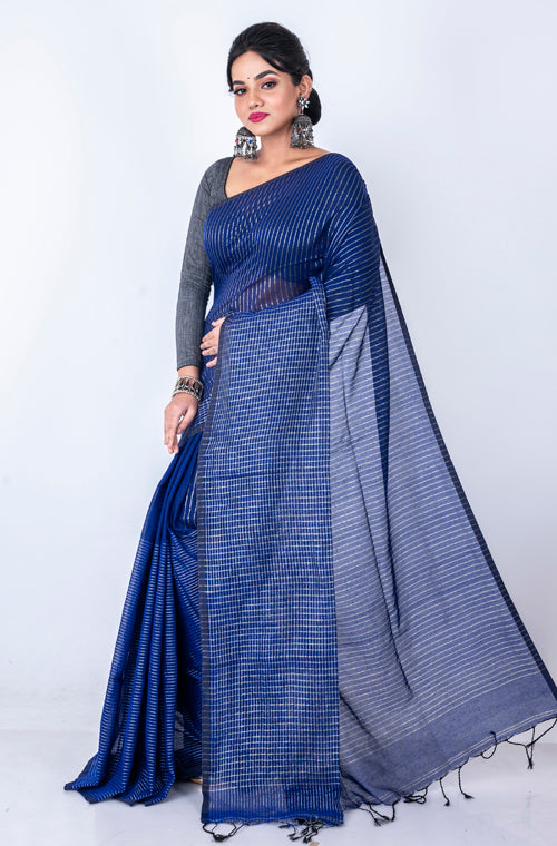 Morchari Bengal Handloom Cotton Zari Check Saree - Navy Blue - Distacart