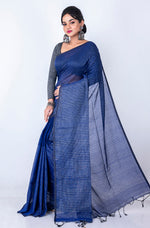 Thumbnail for Morchari Bengal Handloom Cotton Zari Check Saree - Navy Blue - Distacart