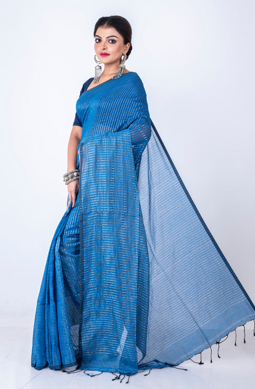 Morchari Bengal Handloom Cotton Zari Check Saree - Blue - Distacart