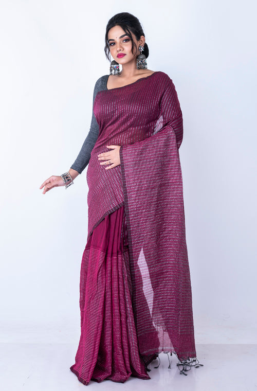 Morchari Bengal Handloom Cotton Zari Check Saree - Deep Maroon - Distacart