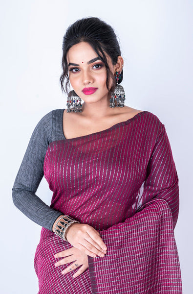 Morchari Bengal Handloom Cotton Zari Check Saree - Deep Maroon - Distacart